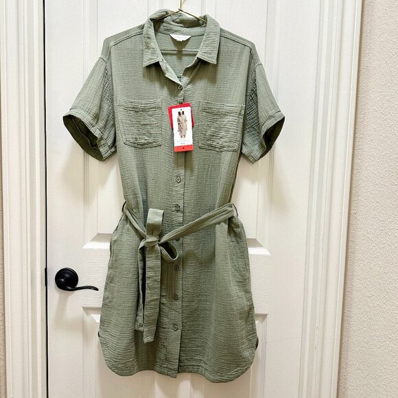 New Weatherproof Women's Gauze Midi Dress Size M Green Adjustable Belt At Waist - Picture 6 of 14